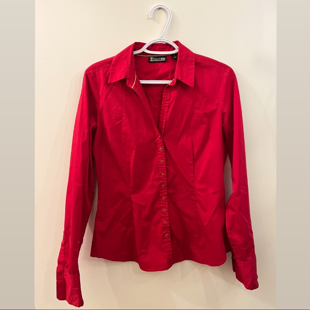 Red V-Neck Button Down Shirt